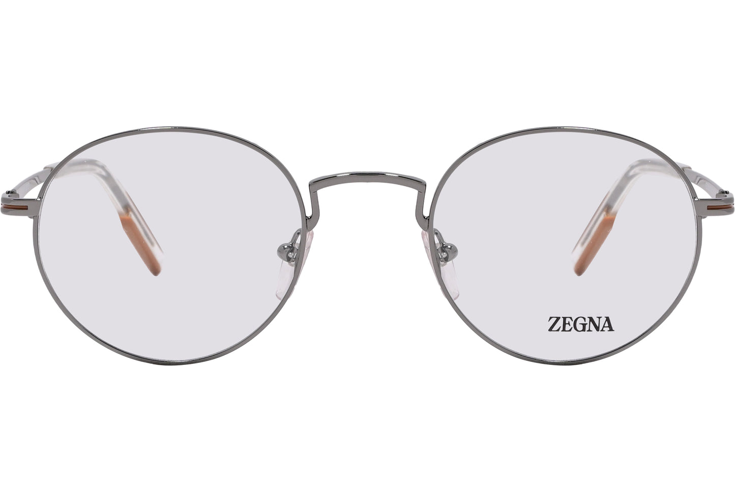 A pair of round eyeglasses with a silver frame, from the brand Ermenegildo Zegna, displayed against a white background.