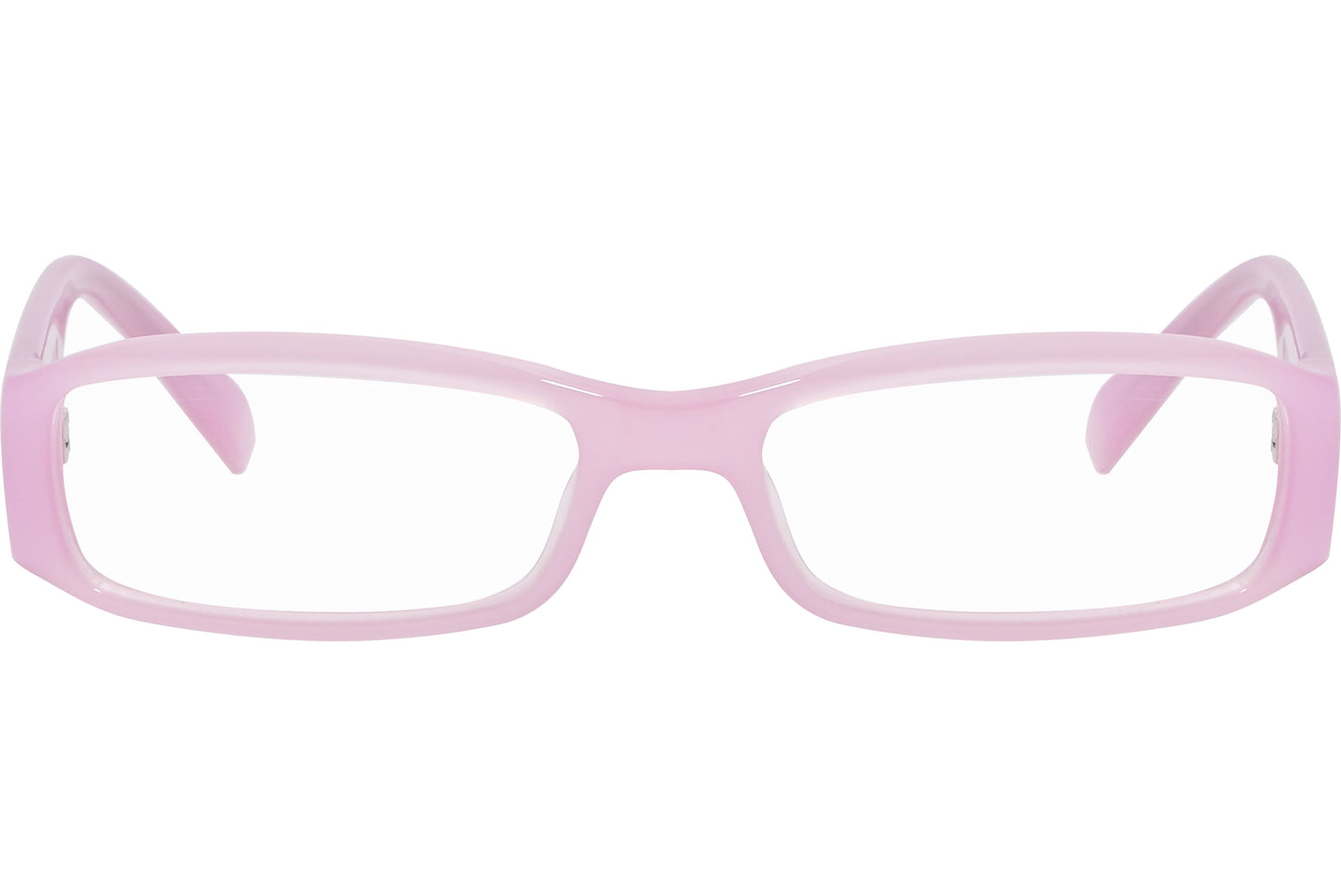 A pair of pink, rectangular eyeglasses with a logo on the temples.