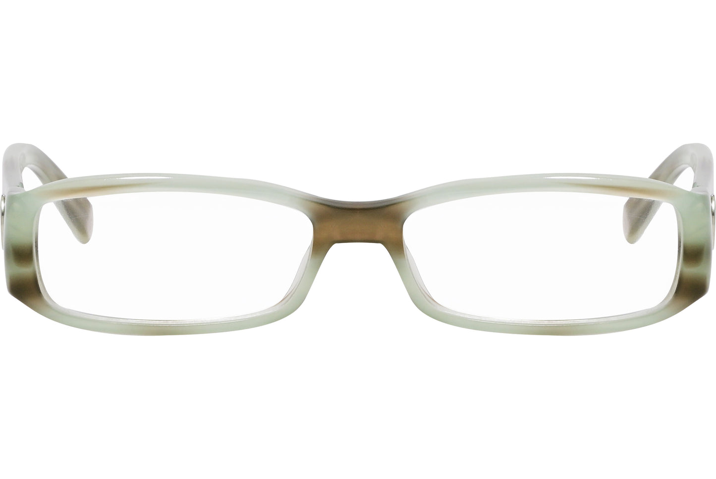 A pair of brown rectangle eyeglasses with a distinctive logo on the side.