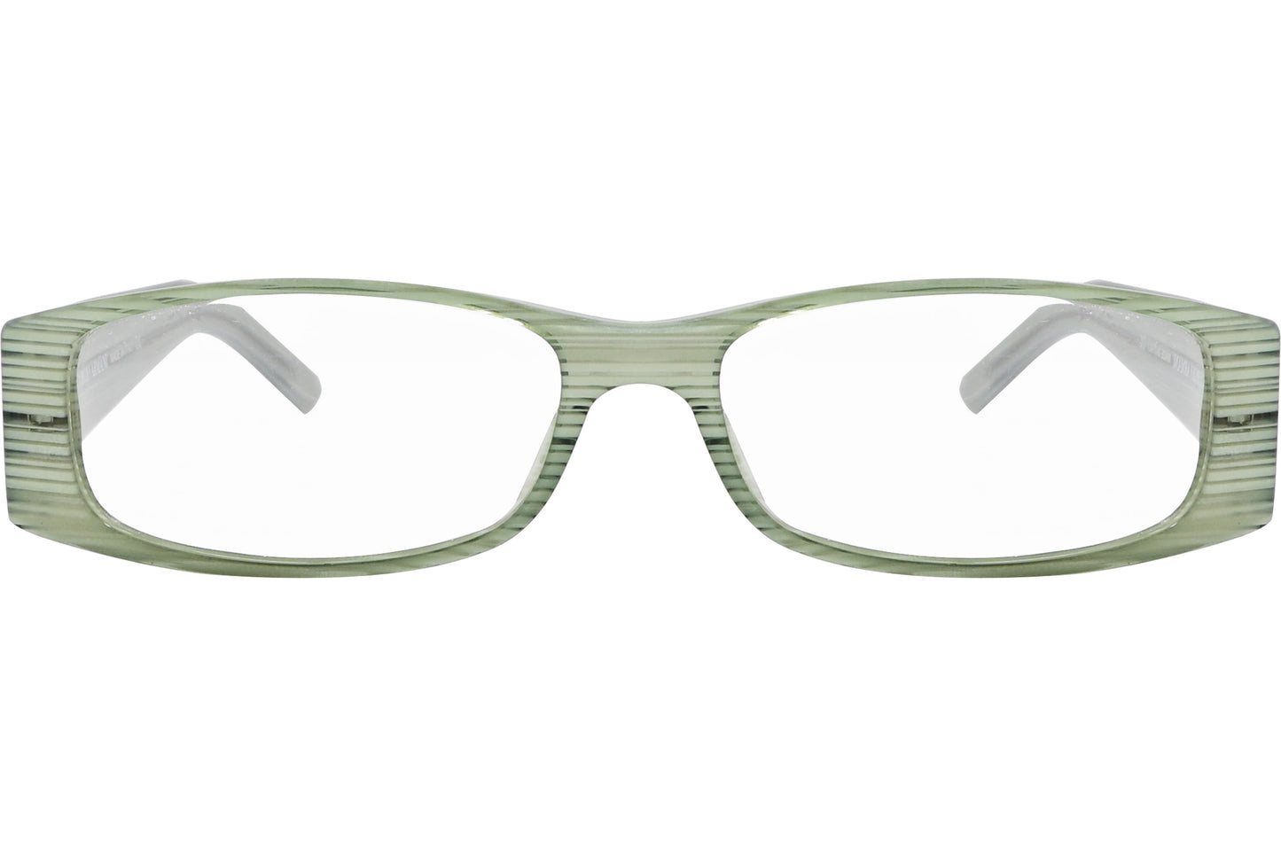 A pair of green rectangle eyeglasses with a striped pattern.
