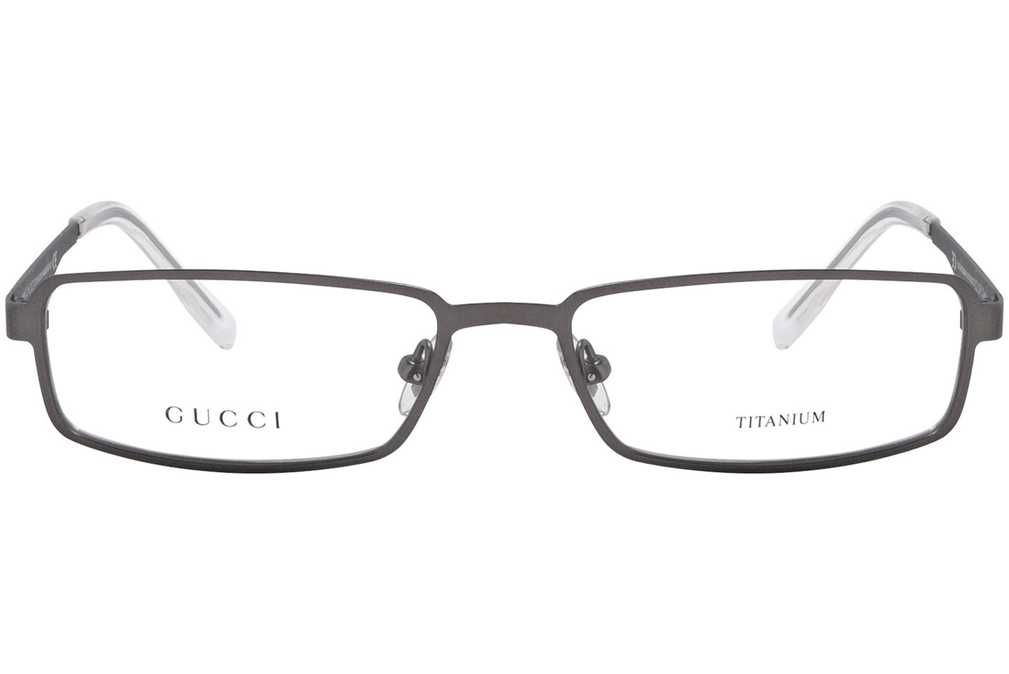 A pair of silver rectangle eyeglasses with the brand name visible on one side of the frame.