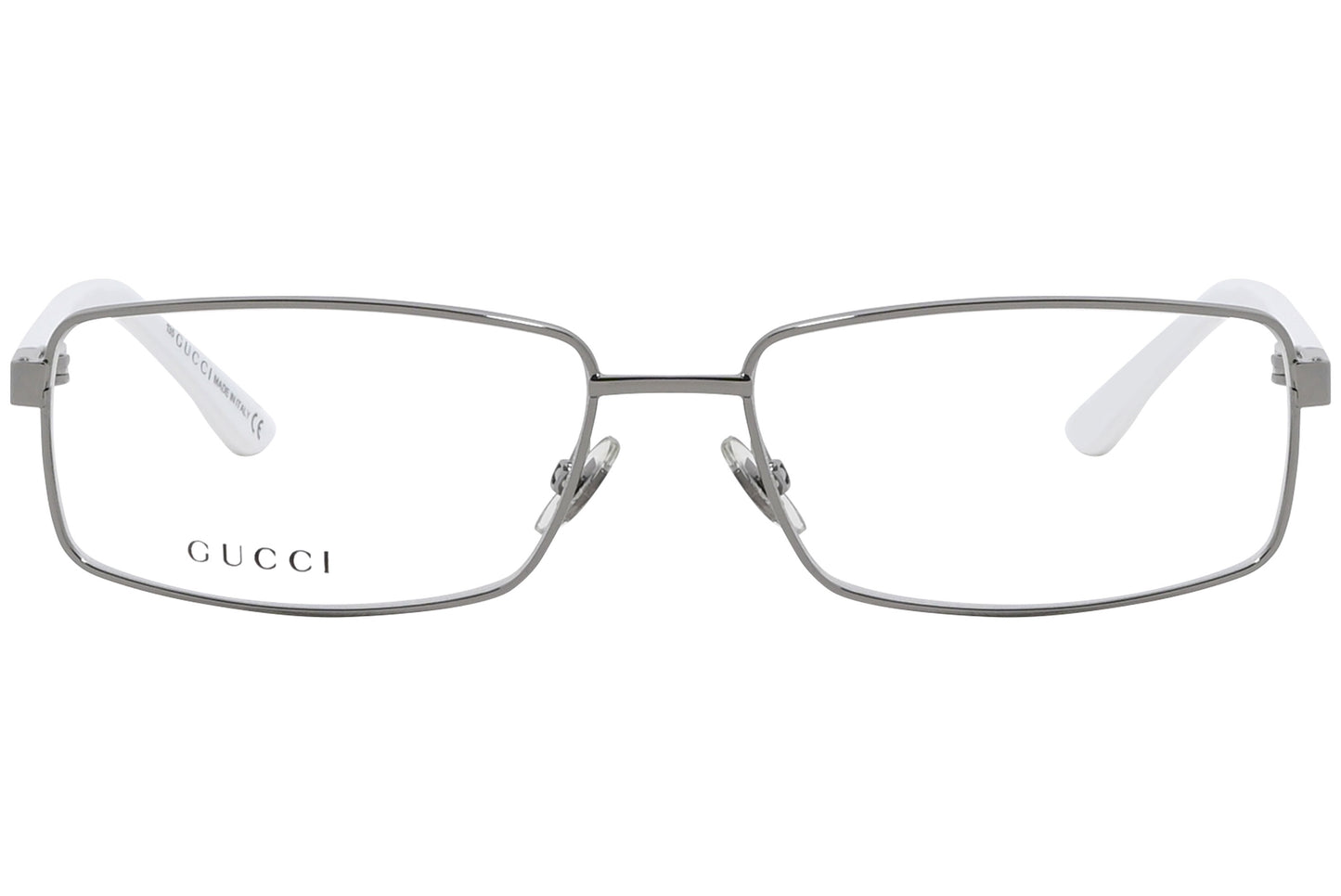 A pair of silver rectangle eyeglasses with a metallic frame.