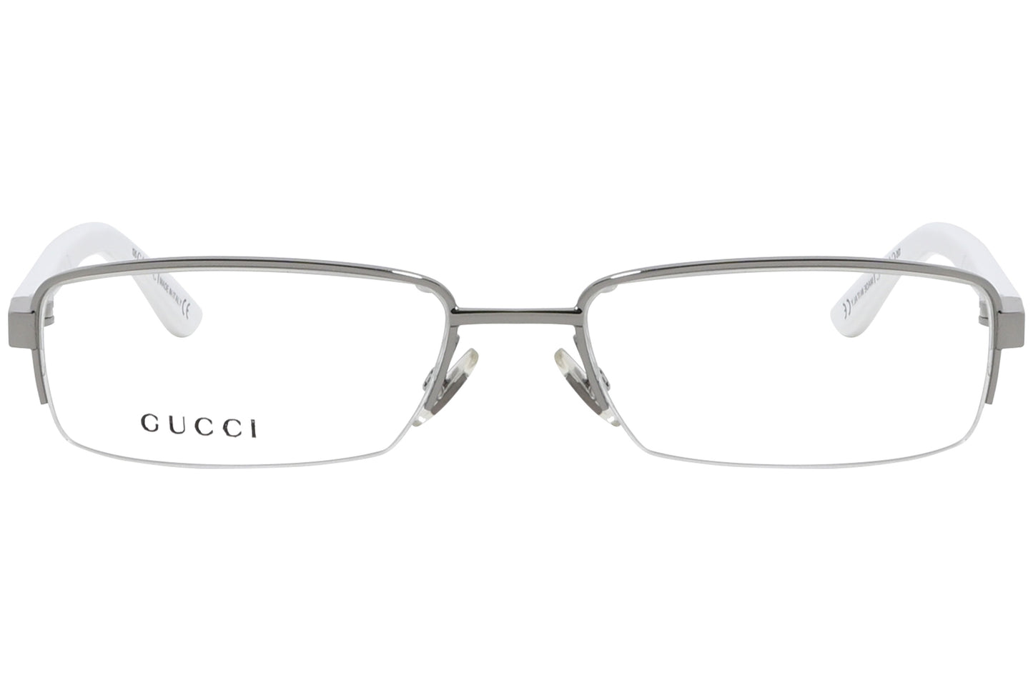 A pair of white rectangle eyeglasses with a metallic hinge.