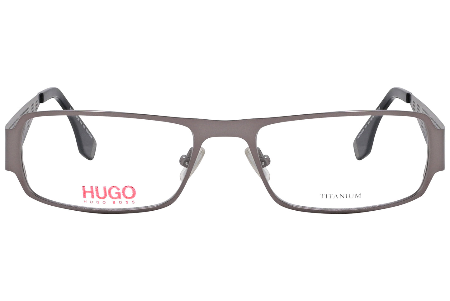 A pair of brown rectangle eyeglasses with the brand name 'Hugo' visible on the side.