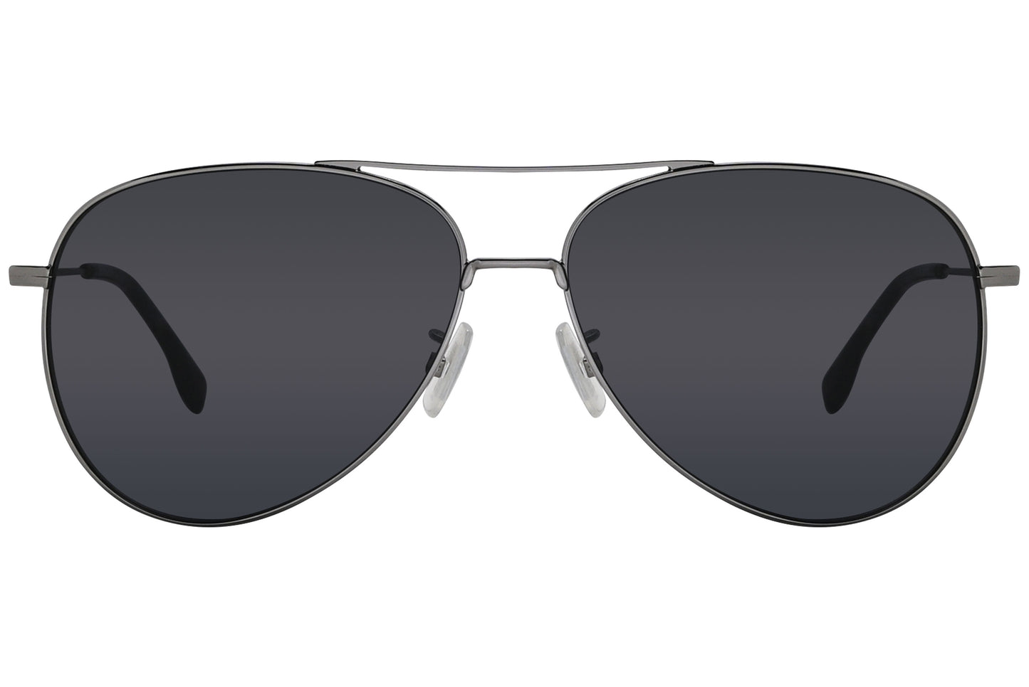 A pair of silver aviator sunglasses with dark lenses and a metallic frame.
