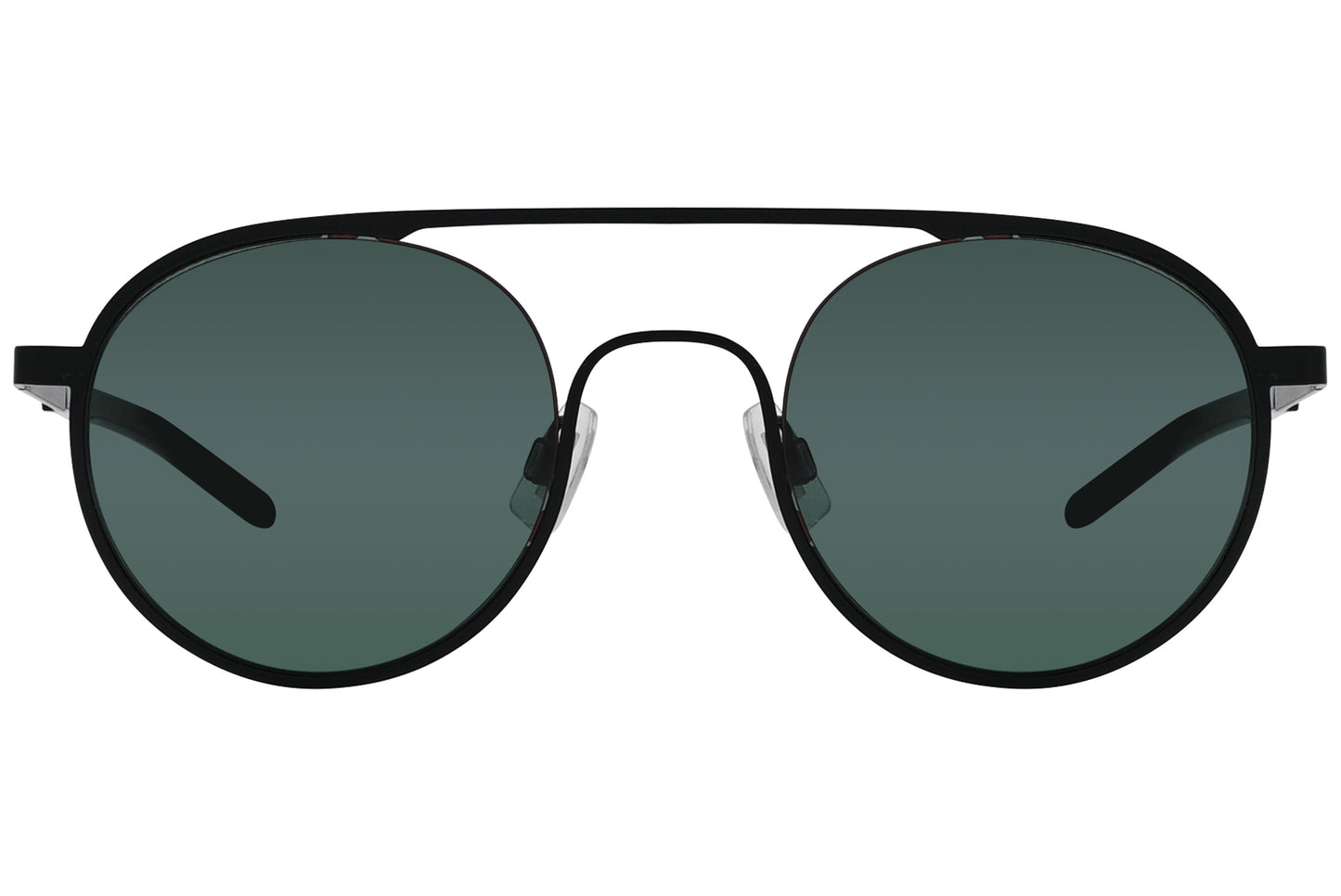 A pair of round sunglasses with a black frame and polarized lenses.