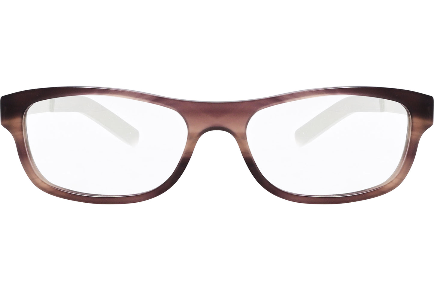 A pair of bronze-colored rectangle eyeglasses with a patterned frame and straight temples.