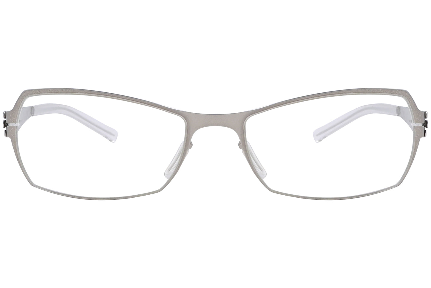 A pair of pearl-colored rectangle eyeglasses with a metallic frame
