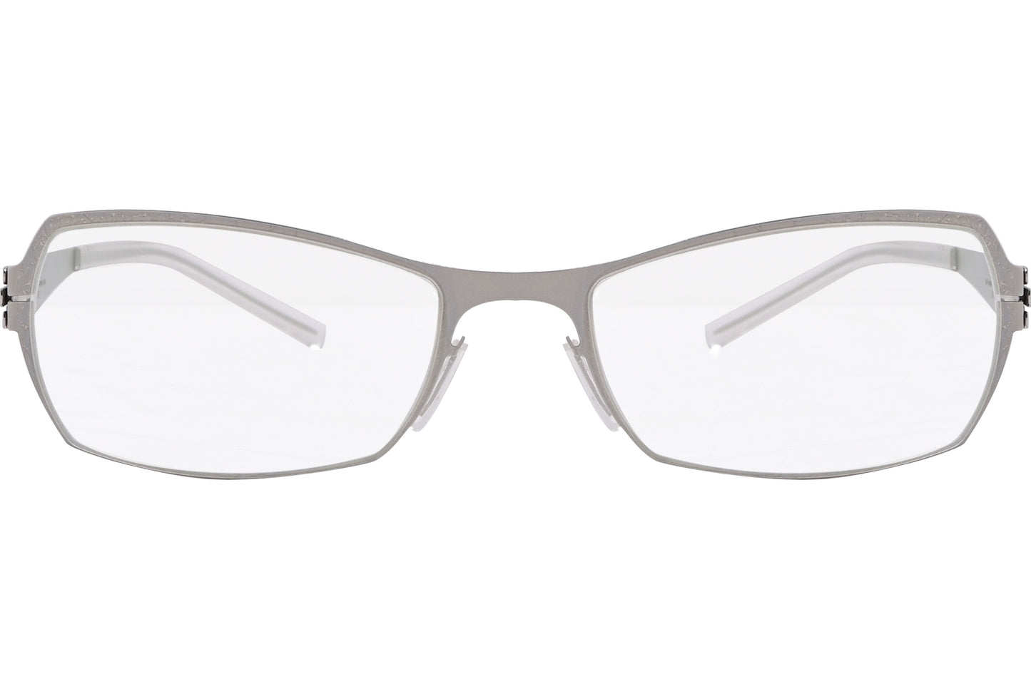 A pair of pearl-colored, titanium full-frame eyeglasses with a minimalist design.