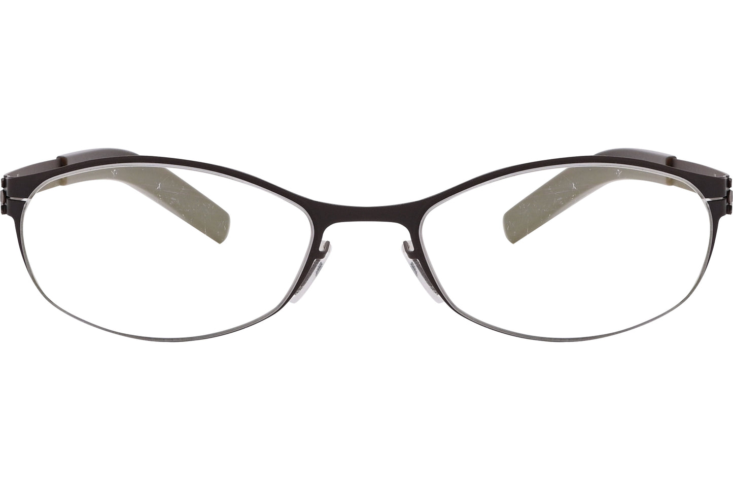 A pair of chocolate-colored, round full-frame IC Berlin eyeglasses with a sleek and minimalist design.