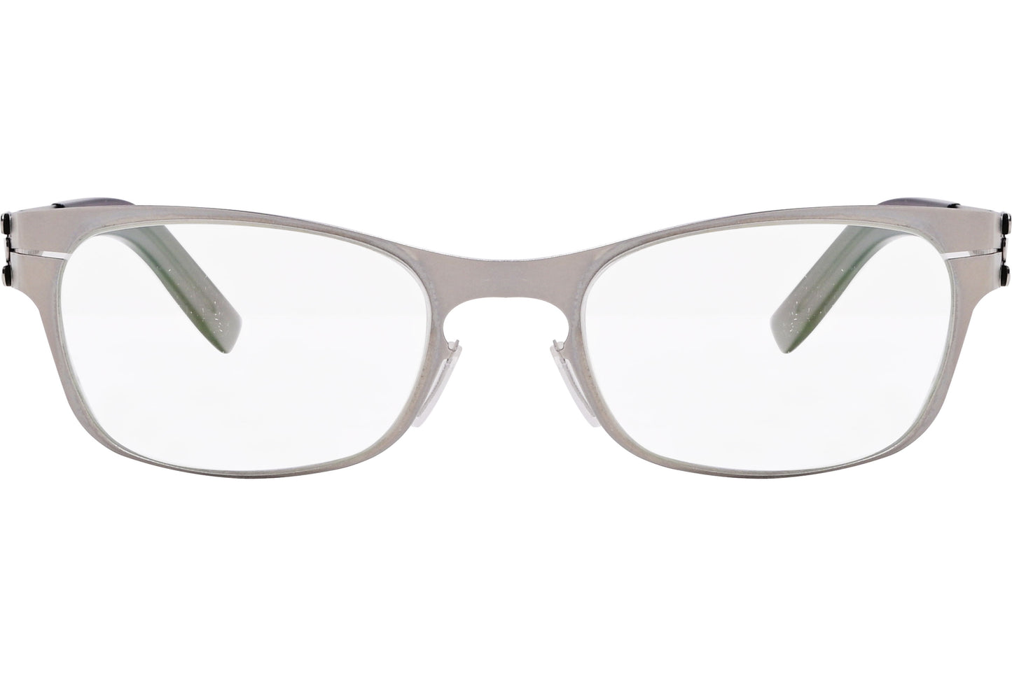 A pair of square-framed, pearl-colored eyeglasses with a distinctive design, likely made from titanium.