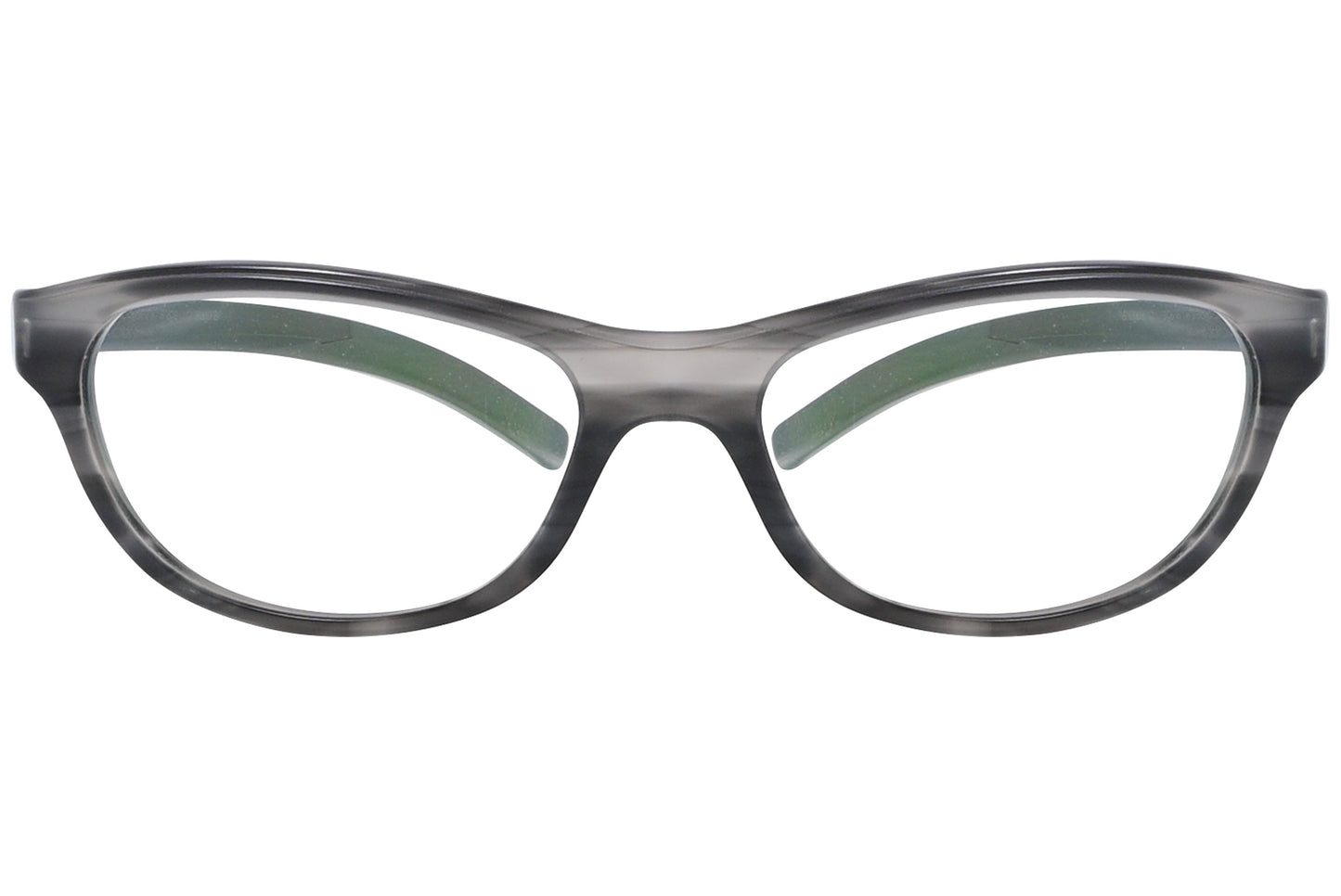 A pair of oval eyeglasses with a graphite color frame.