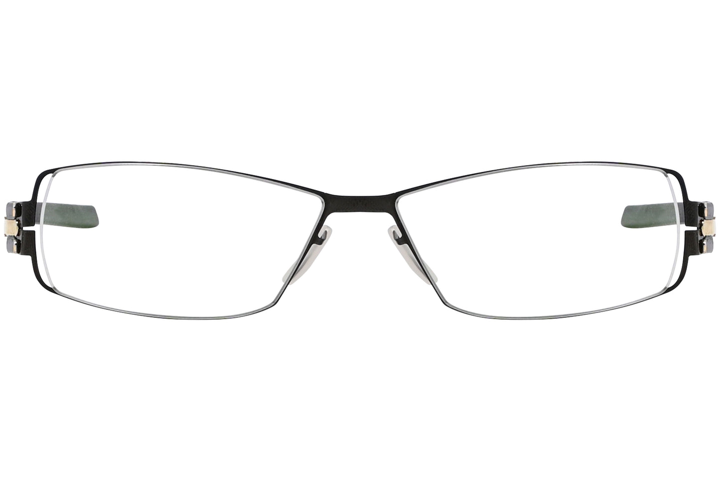 A pair of rectangle eyeglasses with gunmetal frame color, featuring a sleek design with a mix of black and metallic colors.