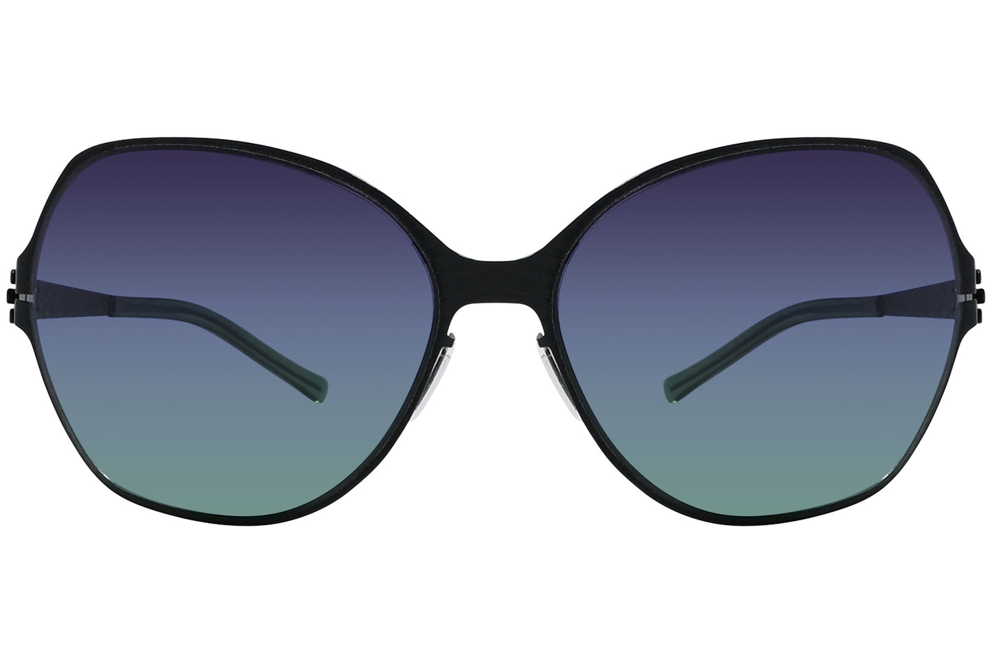 A pair of square-shaped black sunglasses with a full frame design and blue lenses.