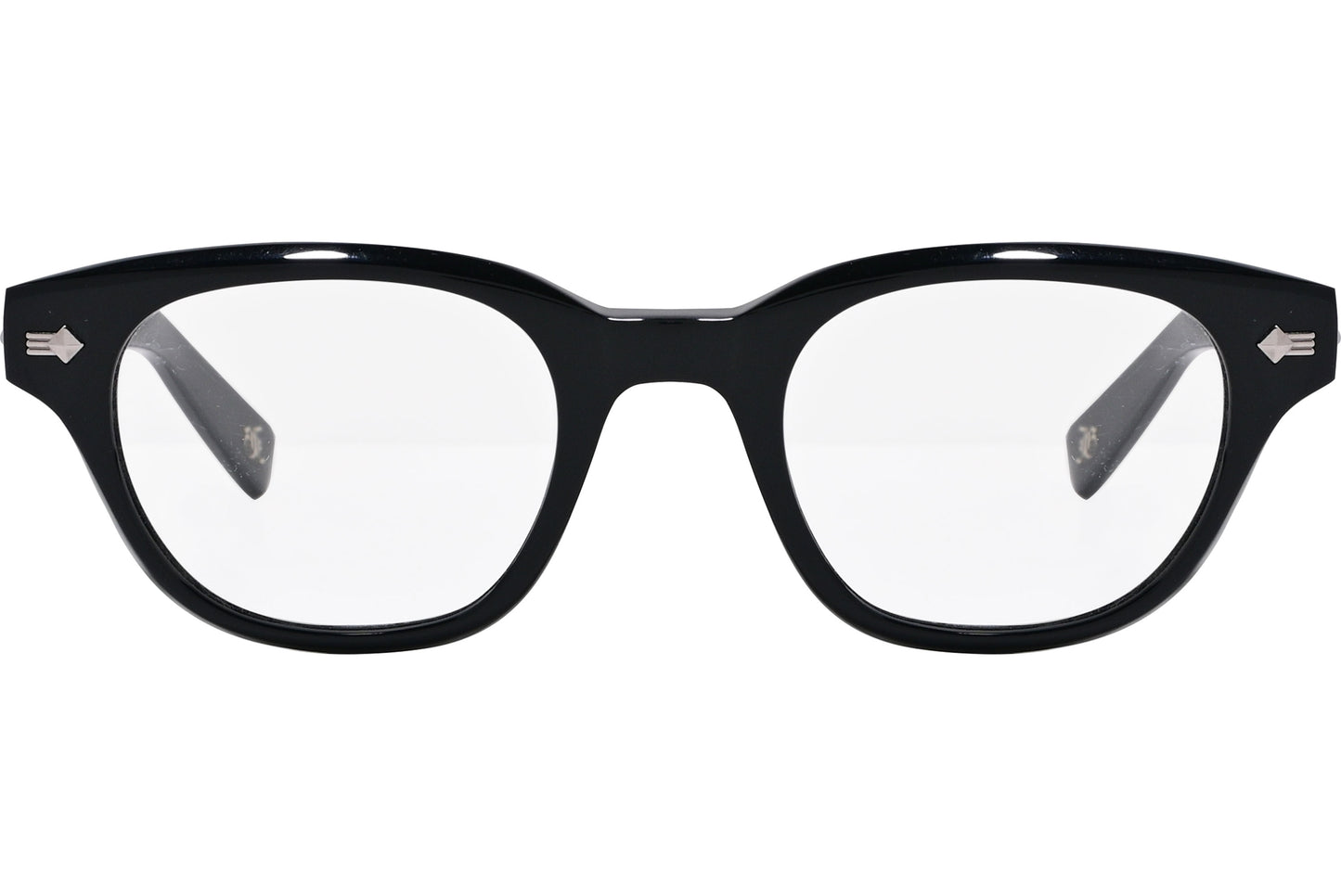 A pair of black square eyeglasses with a distinctive design on the arms.
