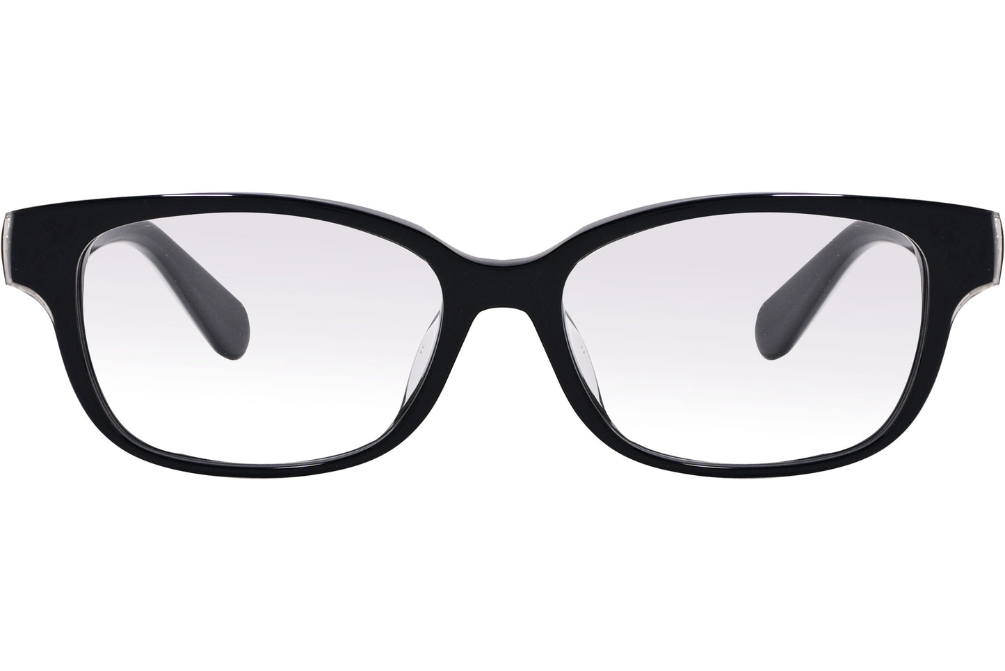A pair of black Kate Spade eyeglasses with a floral pattern on the temples.