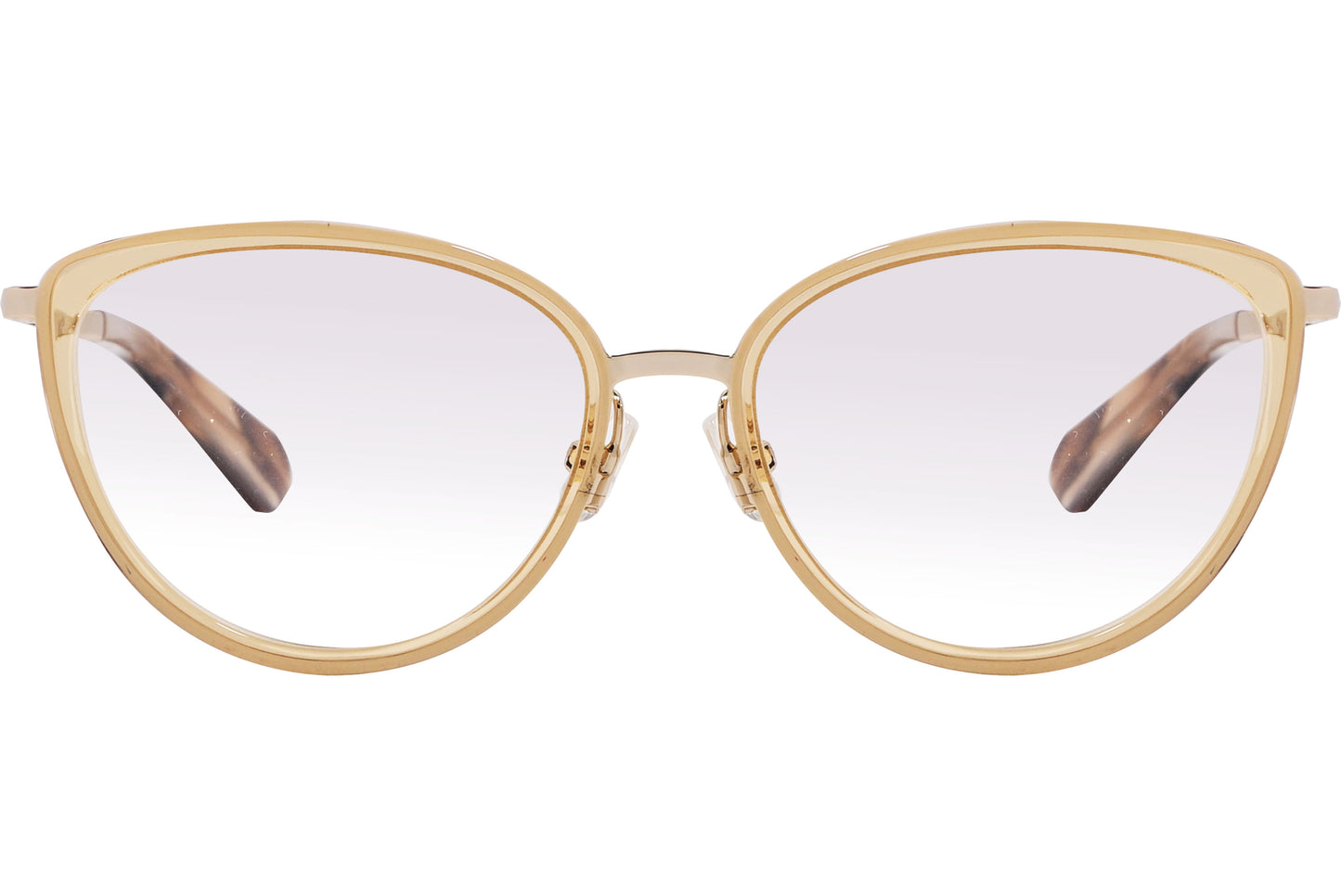 A pair of gold-colored, round-framed eyeglasses with thin temples.