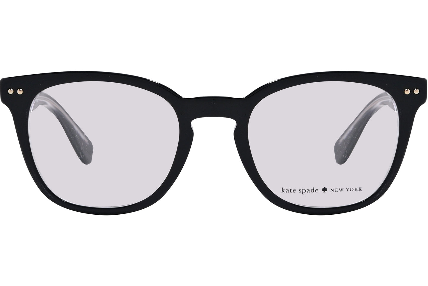 A photo of a pair of black Kate Spade eyeglasses with the brand name visible on the side.