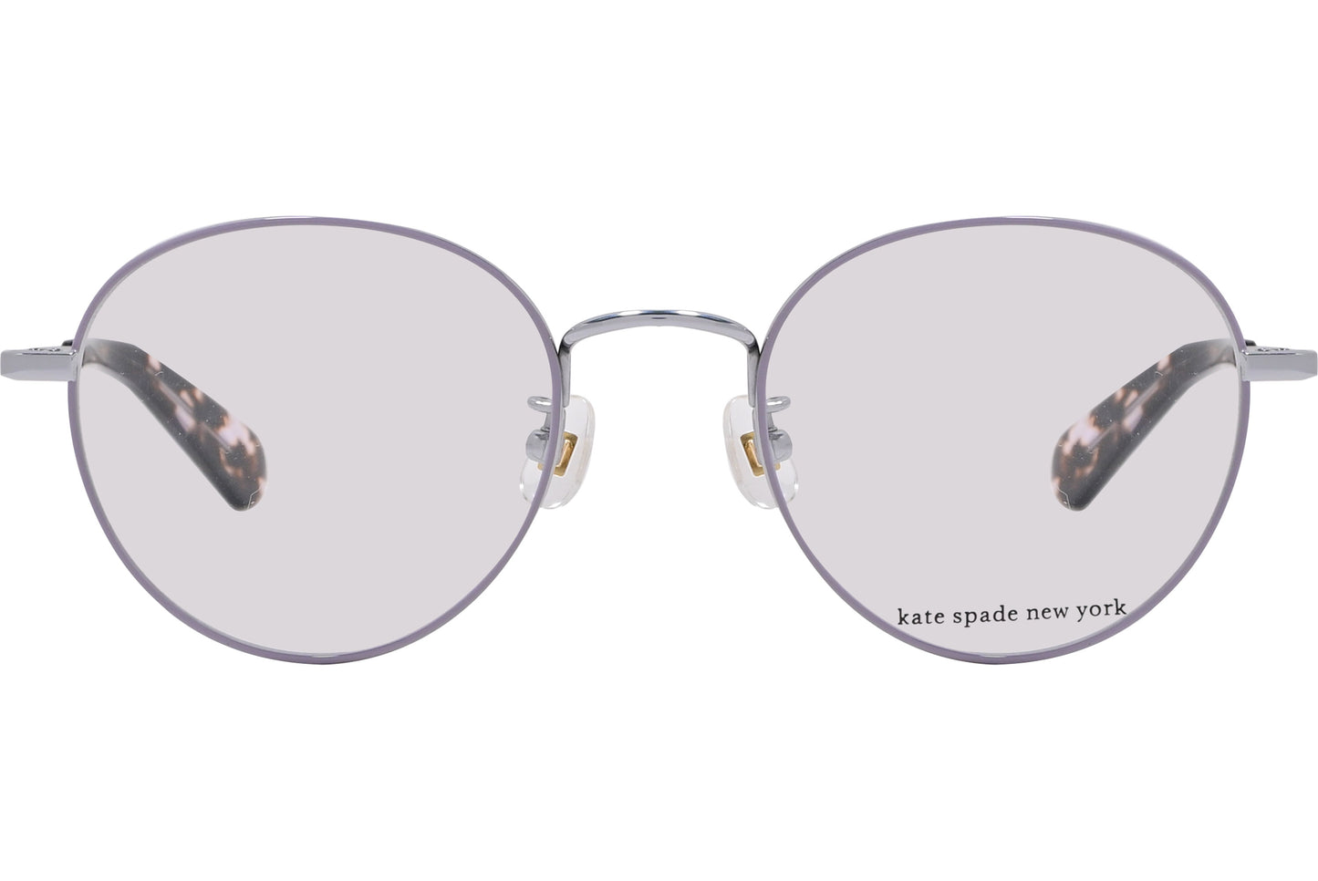 A pair of round full frame metal eyeglasses with silver and tortoise color details.