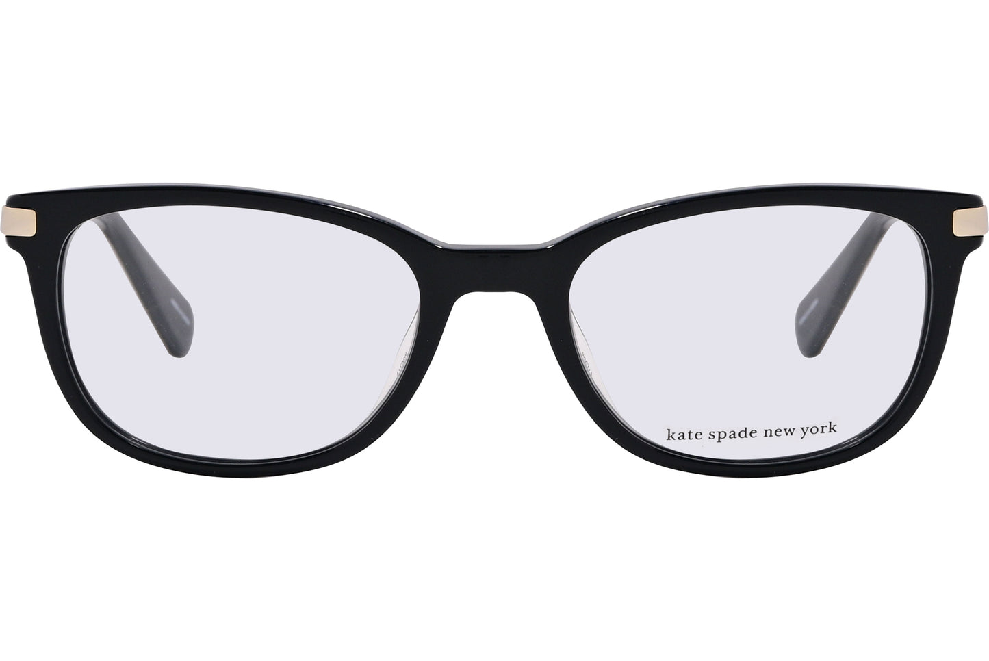 A pair of black Kate Spade eyeglasses with a round full frame design and metal accents on the arms.