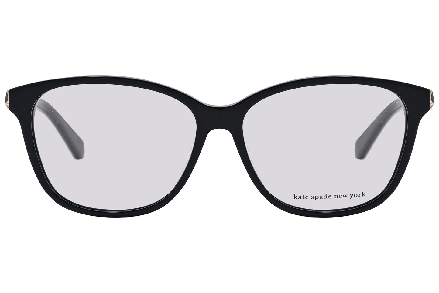 A pair of black Kate Spade eyeglasses with a floral pattern on the temples.