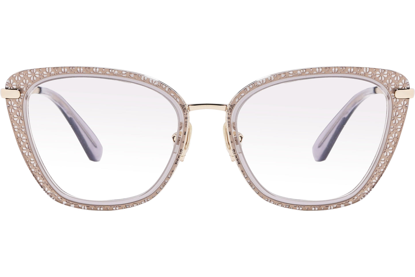 A pair of gold-colored, round full-frame Kate Spade eyeglasses with patterned lenses and metal temples.