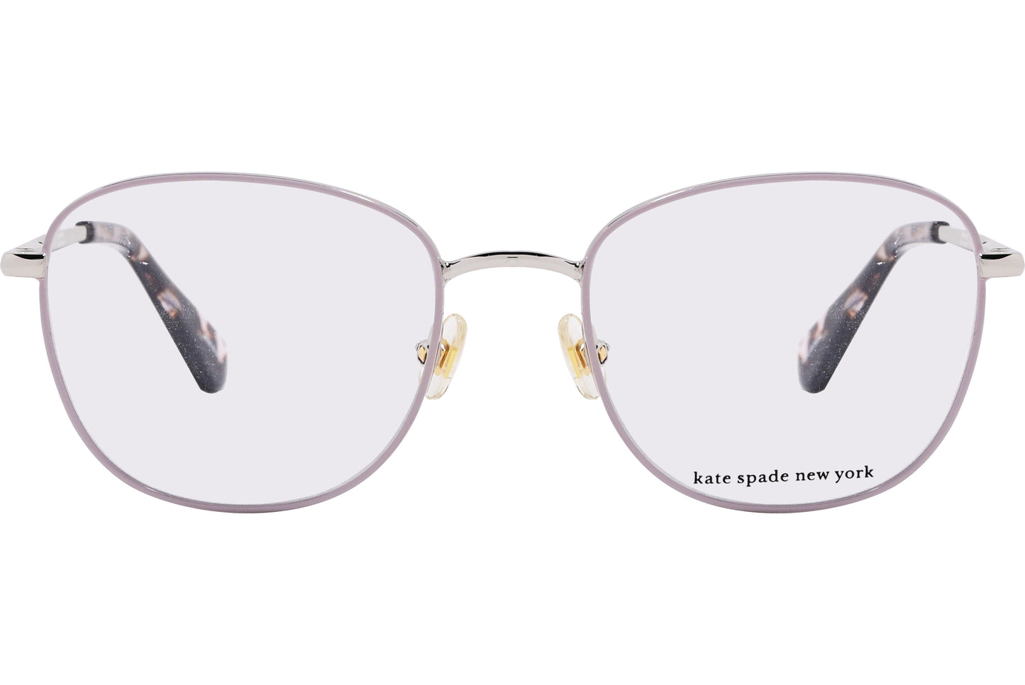A pair of silver Kate Spade eyeglasses with a round full frame design and patterned temples.