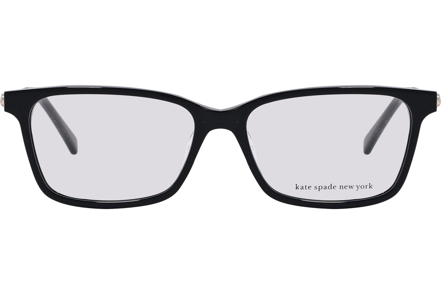 A pair of black and gold eyeglasses with a cat-eye shape and metal hinges.