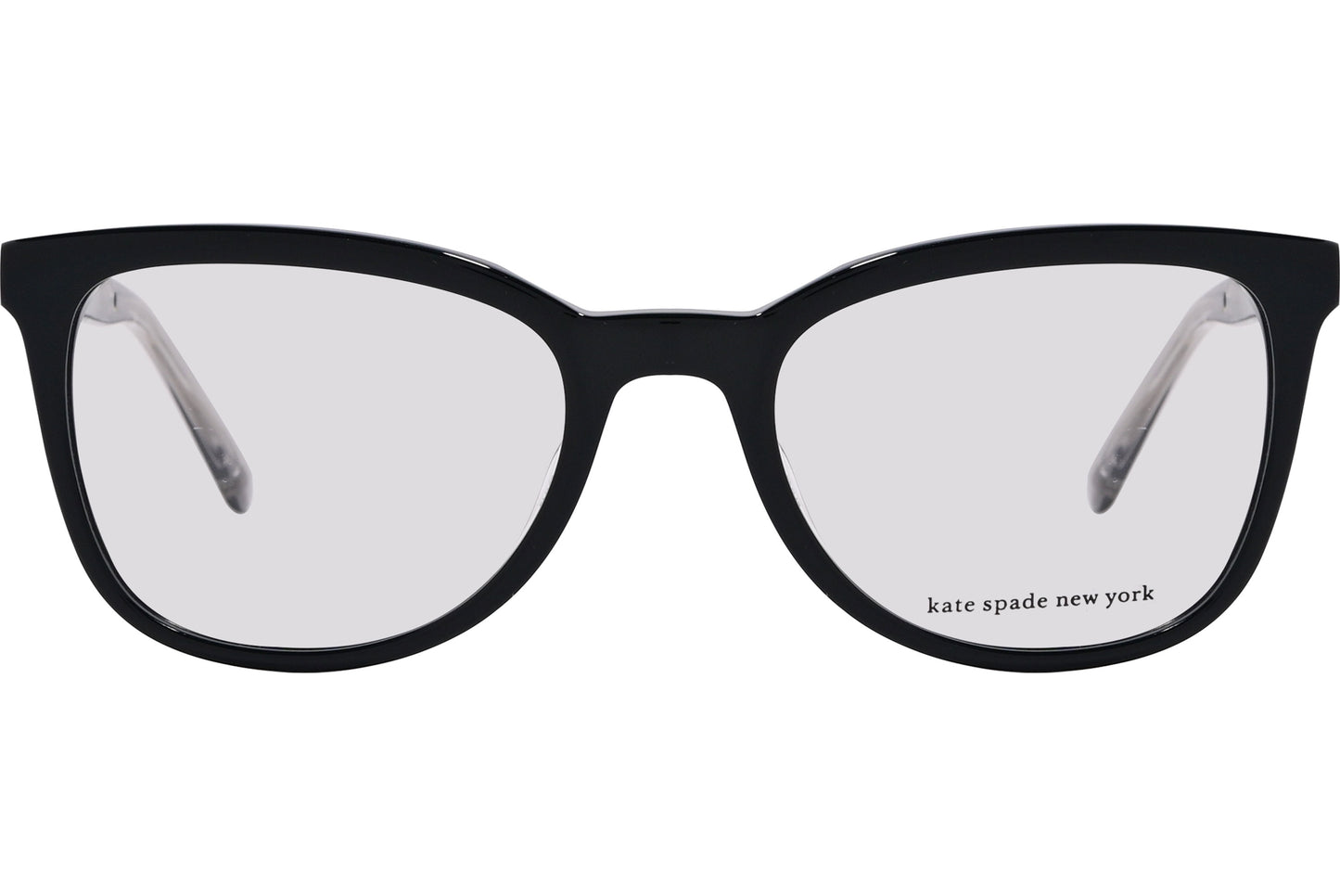 A photo of black framed eyeglasses with the brand name 'kate spade' visible on the side.