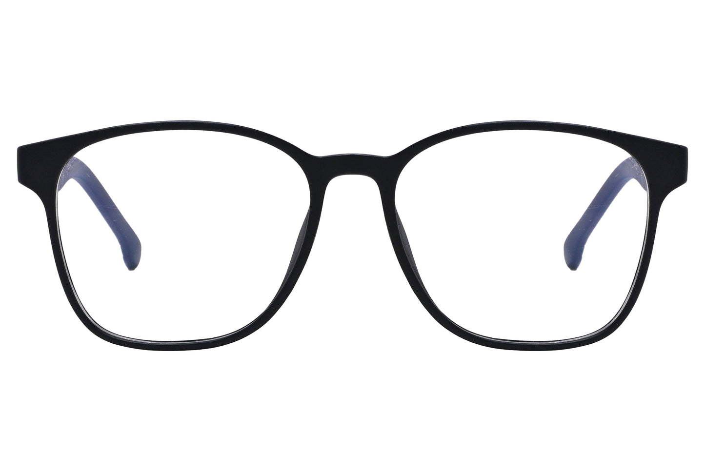 A pair of black Lacoste rectangle eyeglasses with blue accents on the arms.