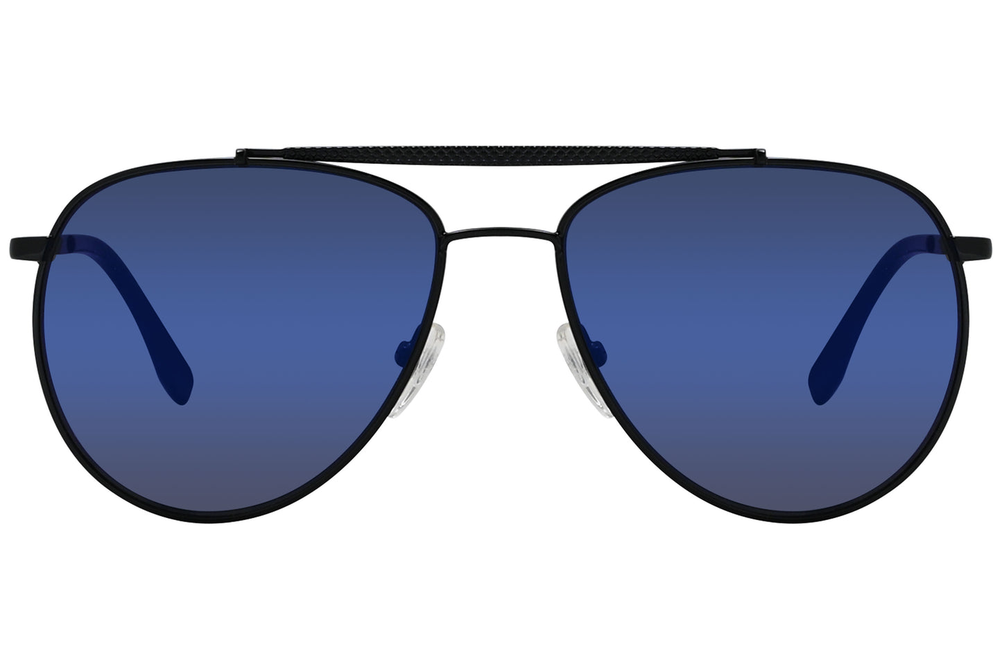 A pair of blue aviator sunglasses with black metal frame and blue lenses.