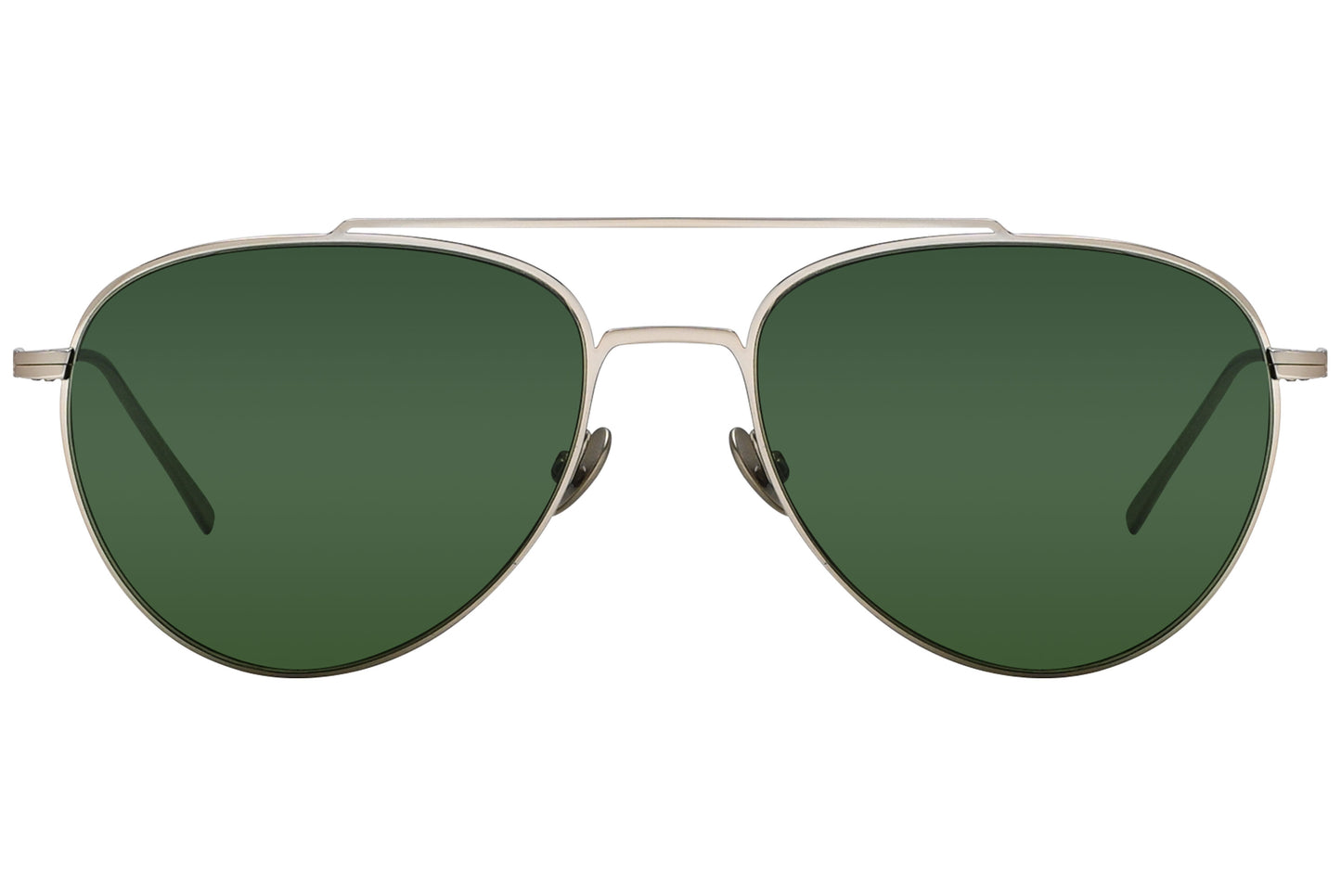 A pair of green aviator sunglasses with gold metal frame and temples.