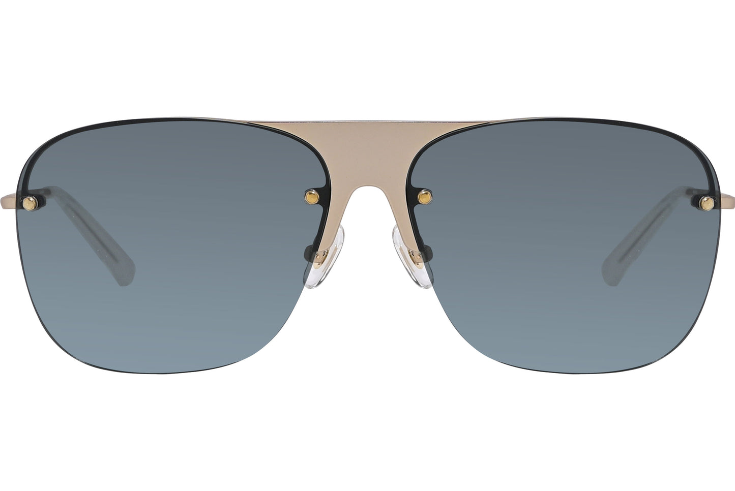 A pair of gold-framed aviator sunglasses with blue lenses.