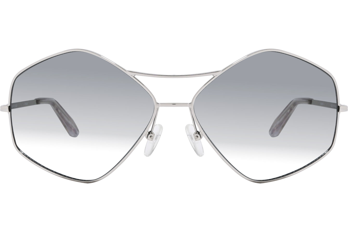 A pair of silver hexagonal sunglasses with a metallic frame.