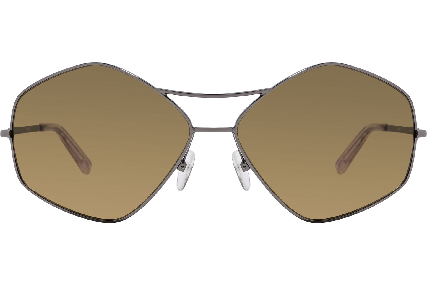 A pair of hexagonal brown sunglasses with a metal frame.