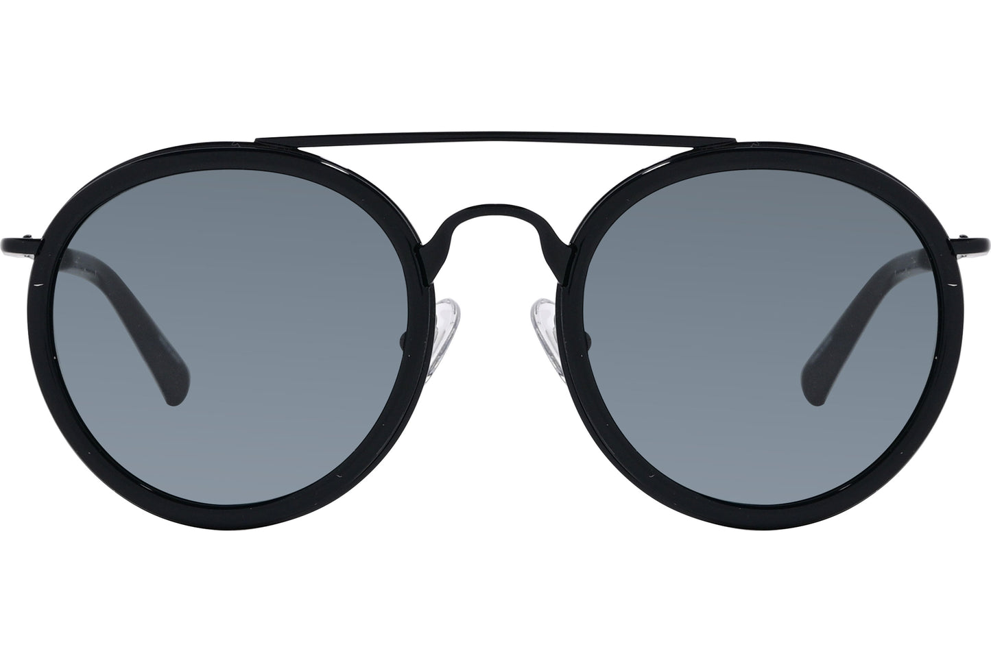 Black aviator sunglasses with blue lenses and a metal frame.
