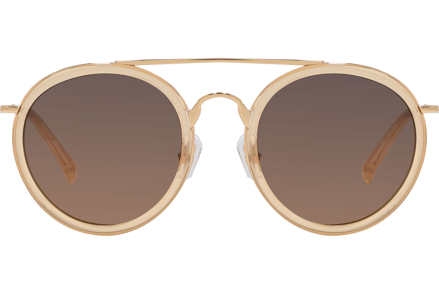 Gold round full frame sunglasses with brown lenses and a double bridge design.