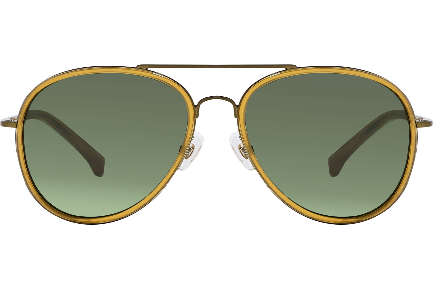 A pair of gold aviator sunglasses with green lenses.
