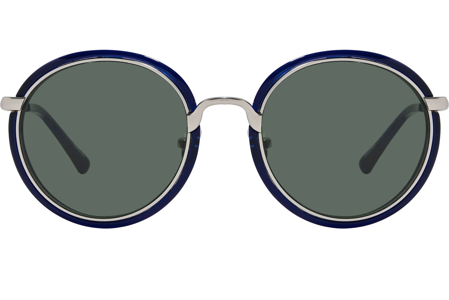 A pair of round sunglasses with blue frames and green lenses.