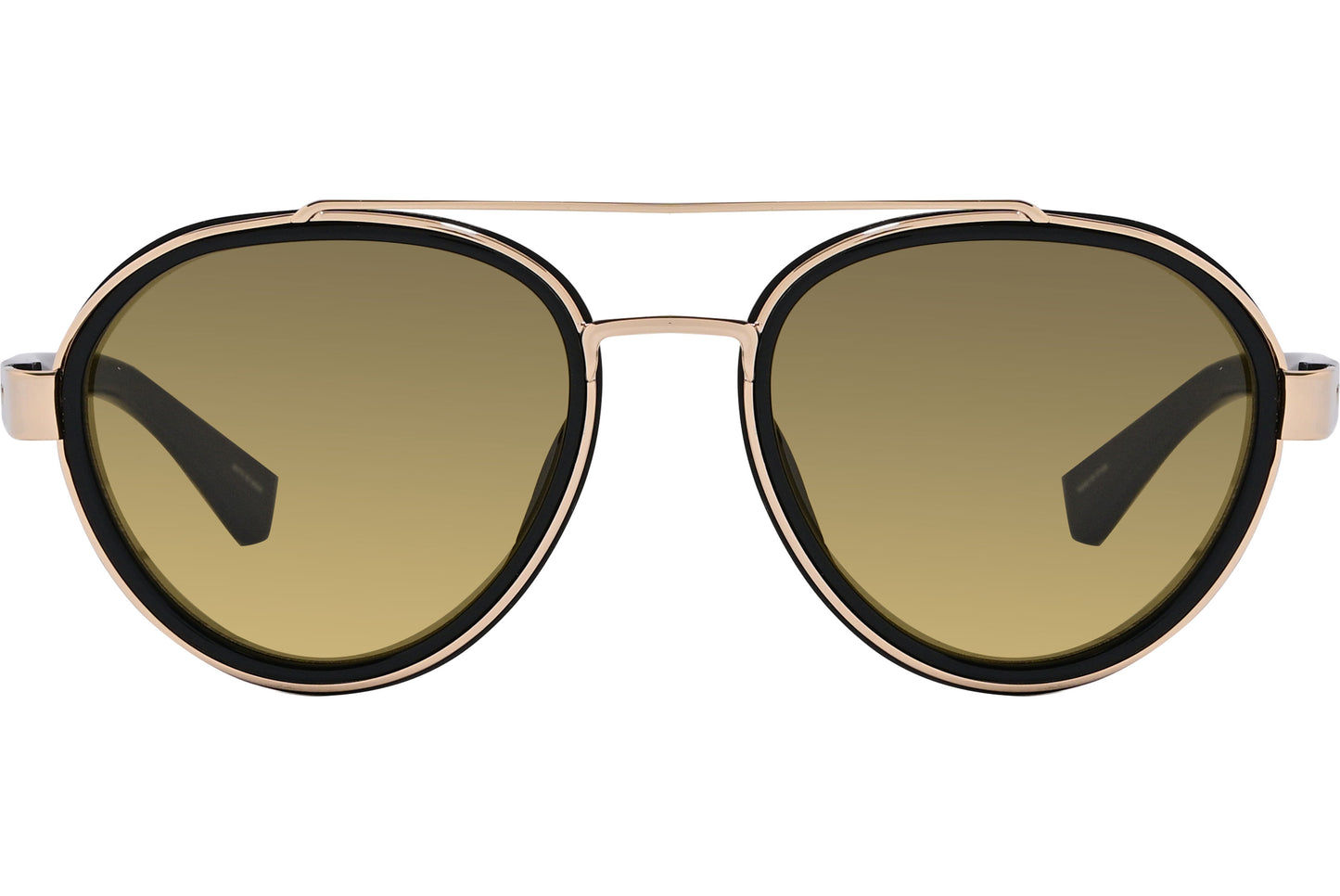 A pair of aviator sunglasses with gold frame and black lenses.