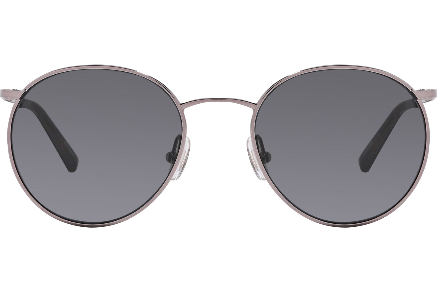 A pair of round sunglasses with a metallic frame and dark lenses.