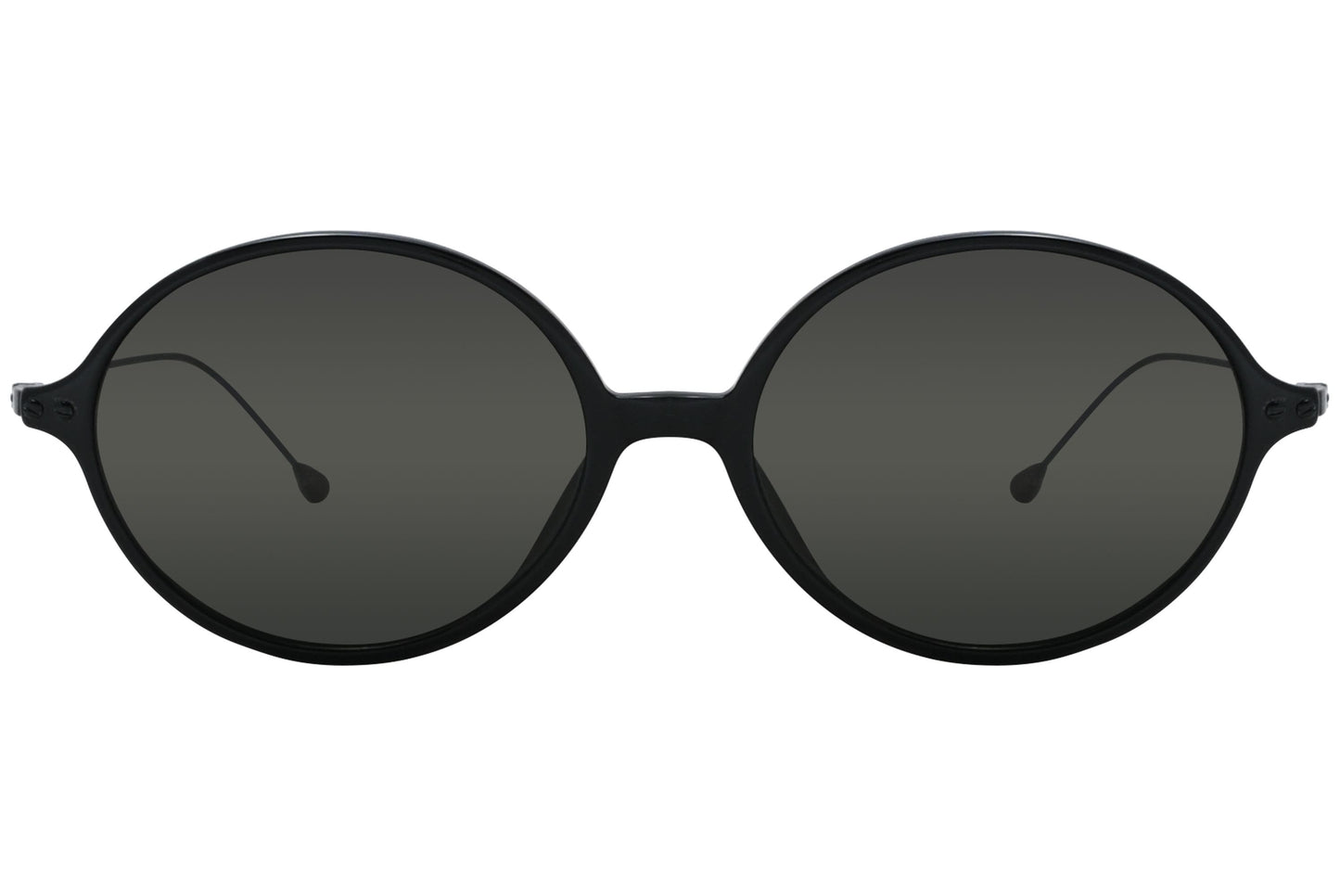 Black oval sunglasses with a metal frame and temples.