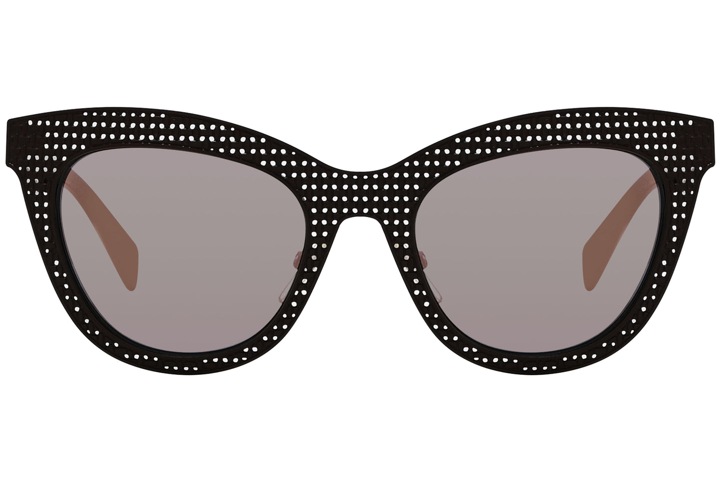 Black cat-eye sunglasses with a pattern of dots on the frame and reflective lenses.