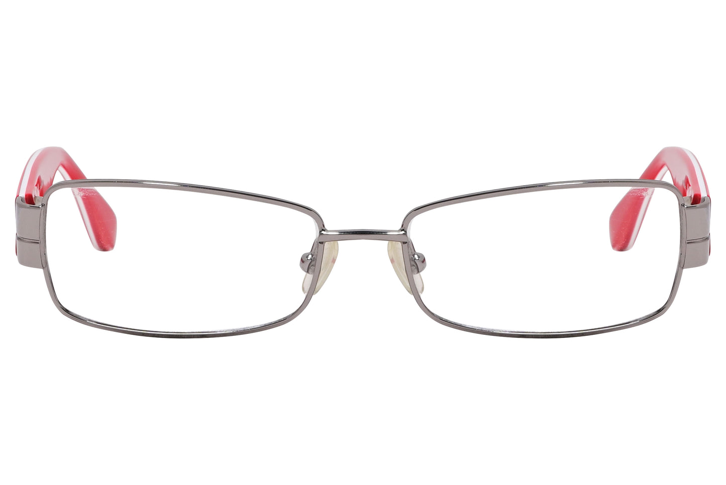A pair of rectangle eyeglasses with red temples and a silver frame.
