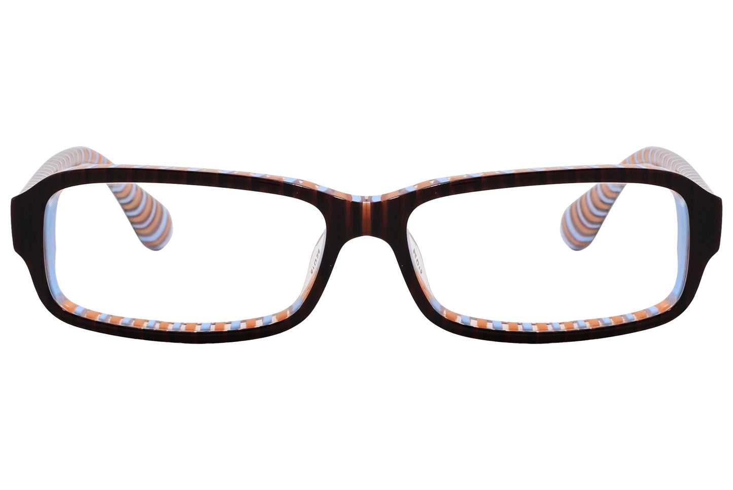 A pair of Marc Jacobs rectangle eyeglasses with brown, white, and blue colors and a patterned strap.