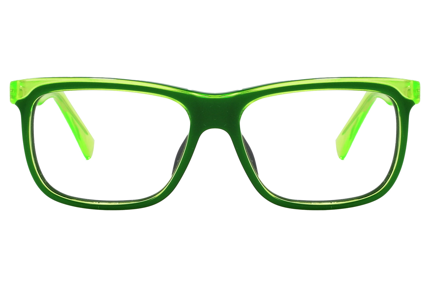 A pair of green Wayfarer eyeglasses with a plastic frame.