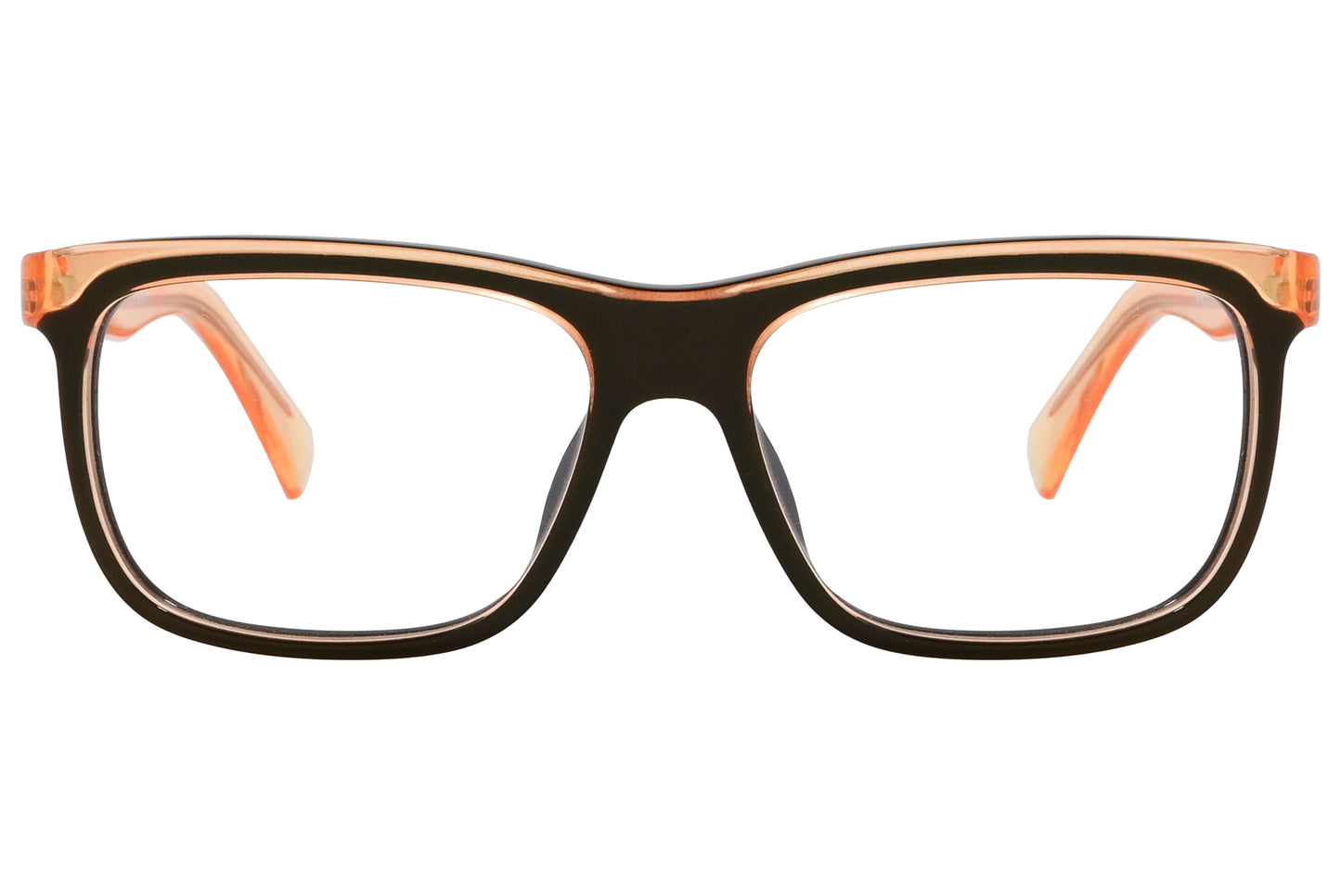 A pair of brown Wayfarer eyeglasses with a plastic frame.