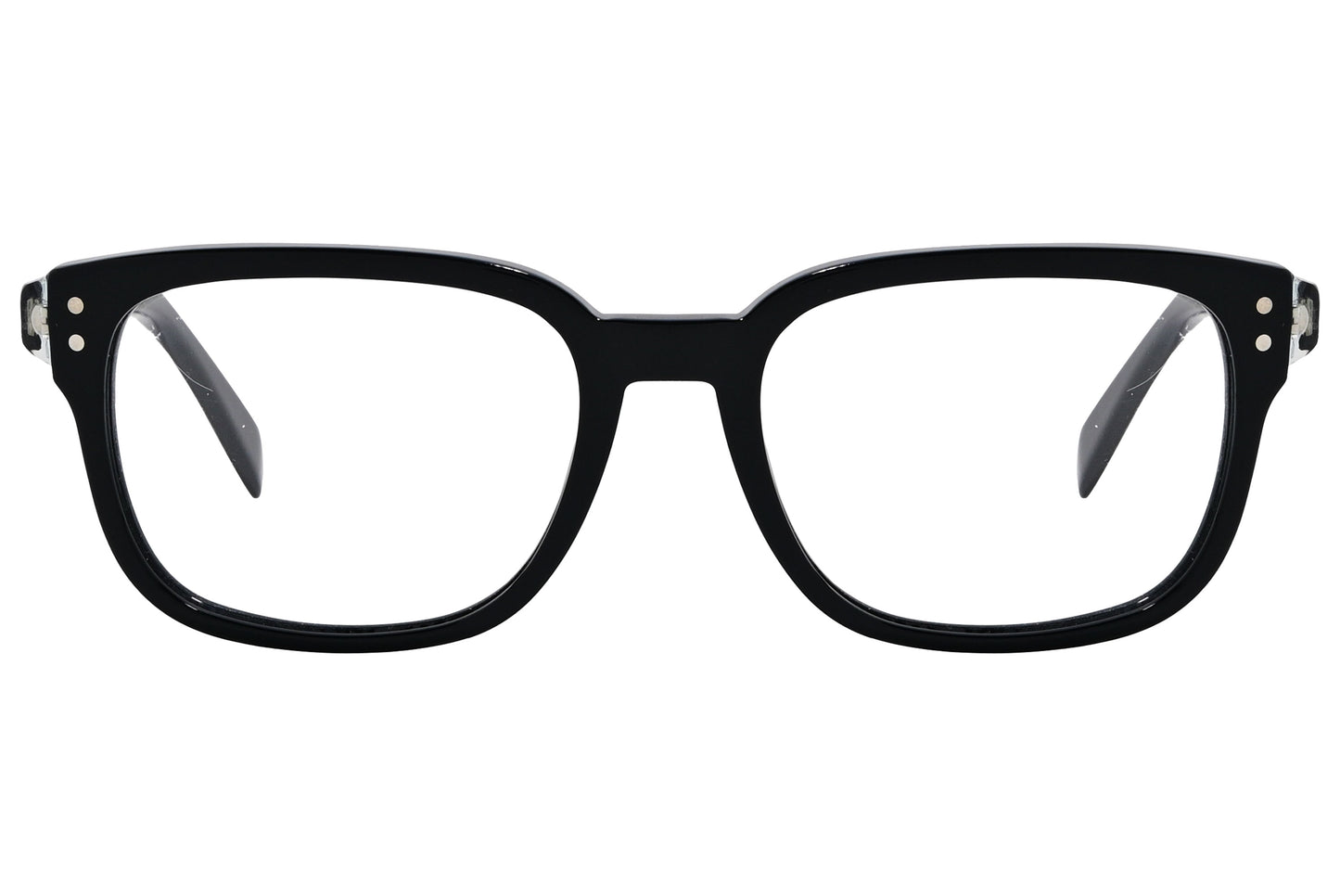 A photo of a pair of black rectangle eyeglasses with the brand name 'MARC BY MARC JACOBS' visible on the side.