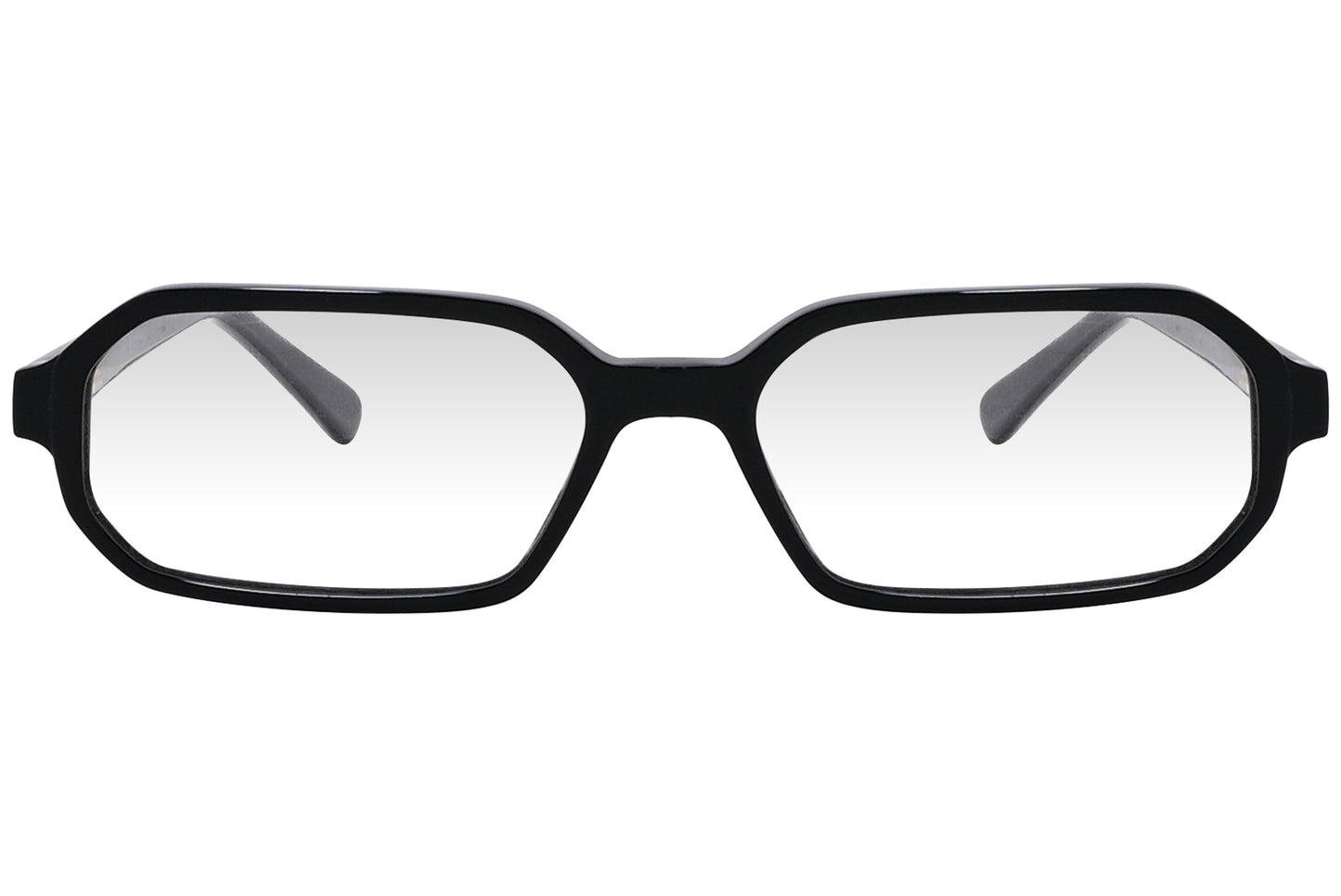 A photo of a pair of black Marc Jacobs eyeglasses with a geometric frame design.