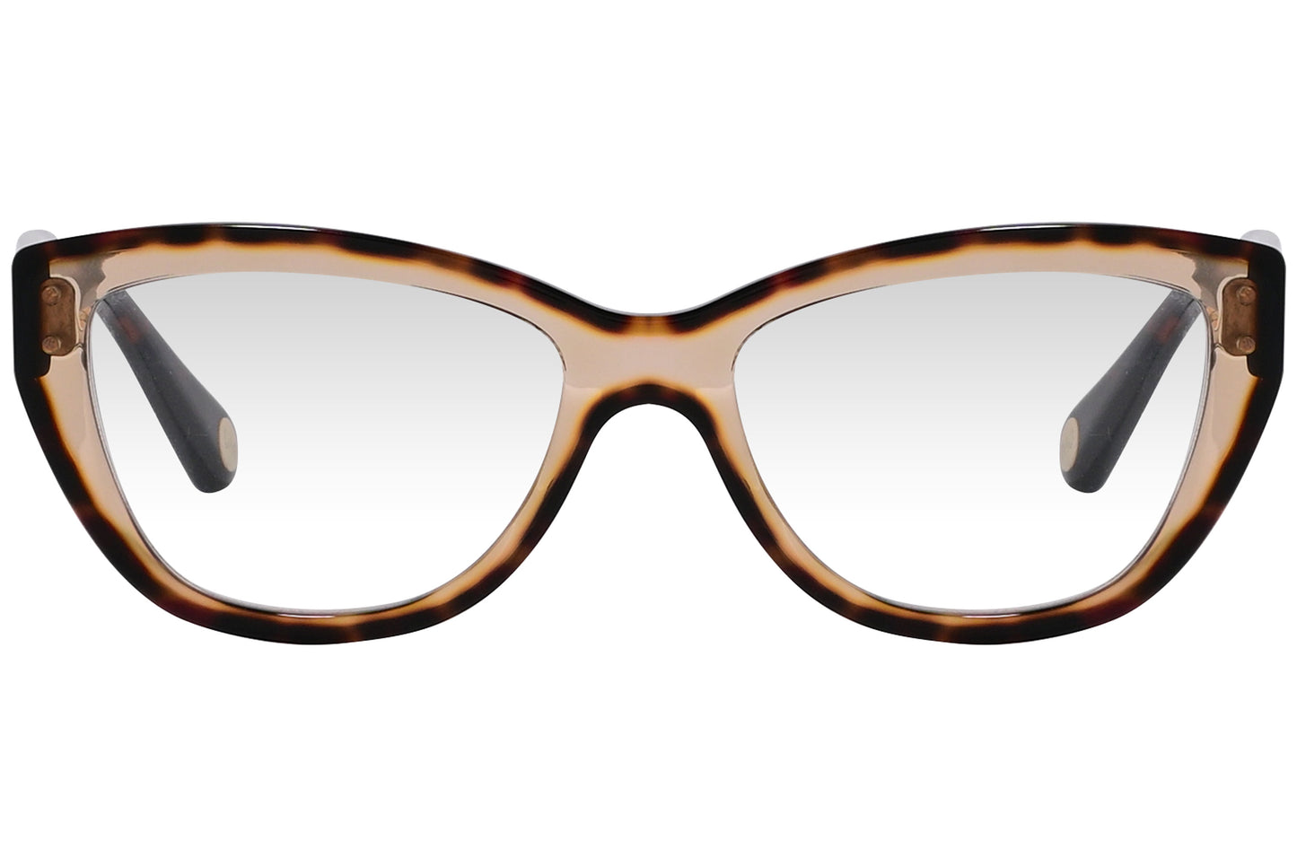 A pair of tortoise-patterned cat-eye eyeglasses with the brand name 'MARC JACOBS' visible on the side.